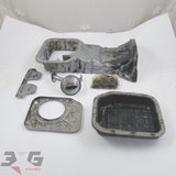 OEM factory complete oil pan assembly, as removed from a S14 chassis Nissan Silvia with SR20 engine, years 1993 – 1998 with 3GSpares logo.
