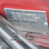 1997 Toyota AE111 Corolla GT chassis and vehicle identification plate close up, with 3GSpares logo